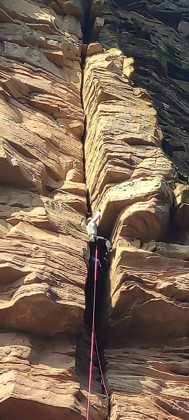 Experienced climber practicing rope solo climbing techniques on a sandstone cliff.